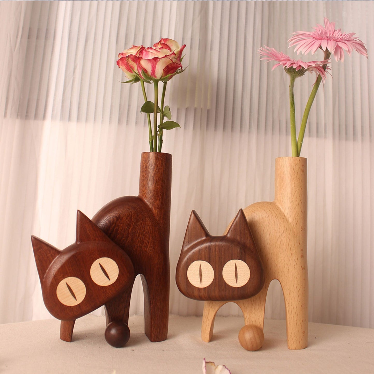 Cat-Shaped Solid Wood Flower Vase SKU 10036