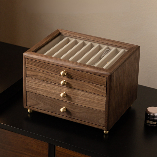 Solid Walnut Jewelry Box with Drawers and Glass Lid SKU 21200