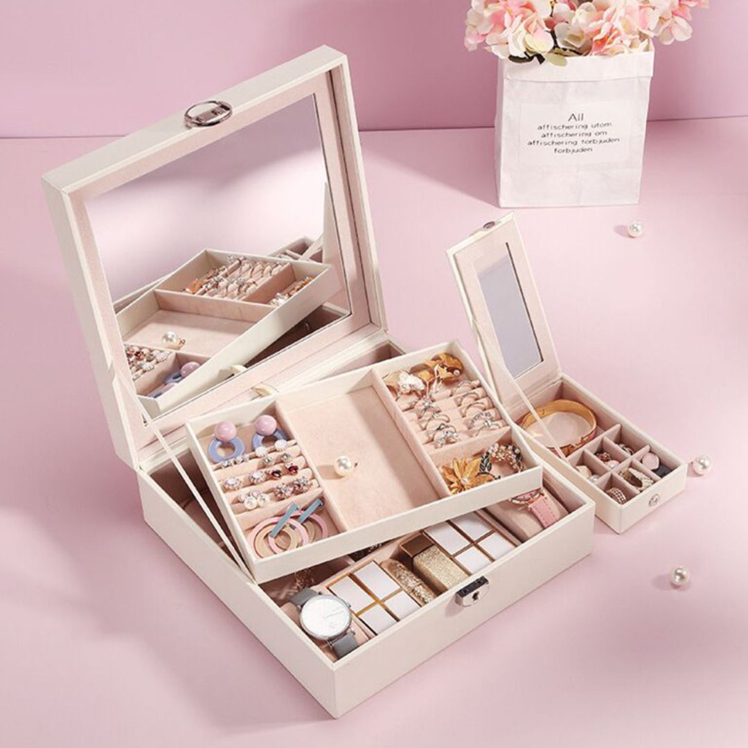 Leather Jewelry Box Organizer with Mirror for Women SKU 21068
