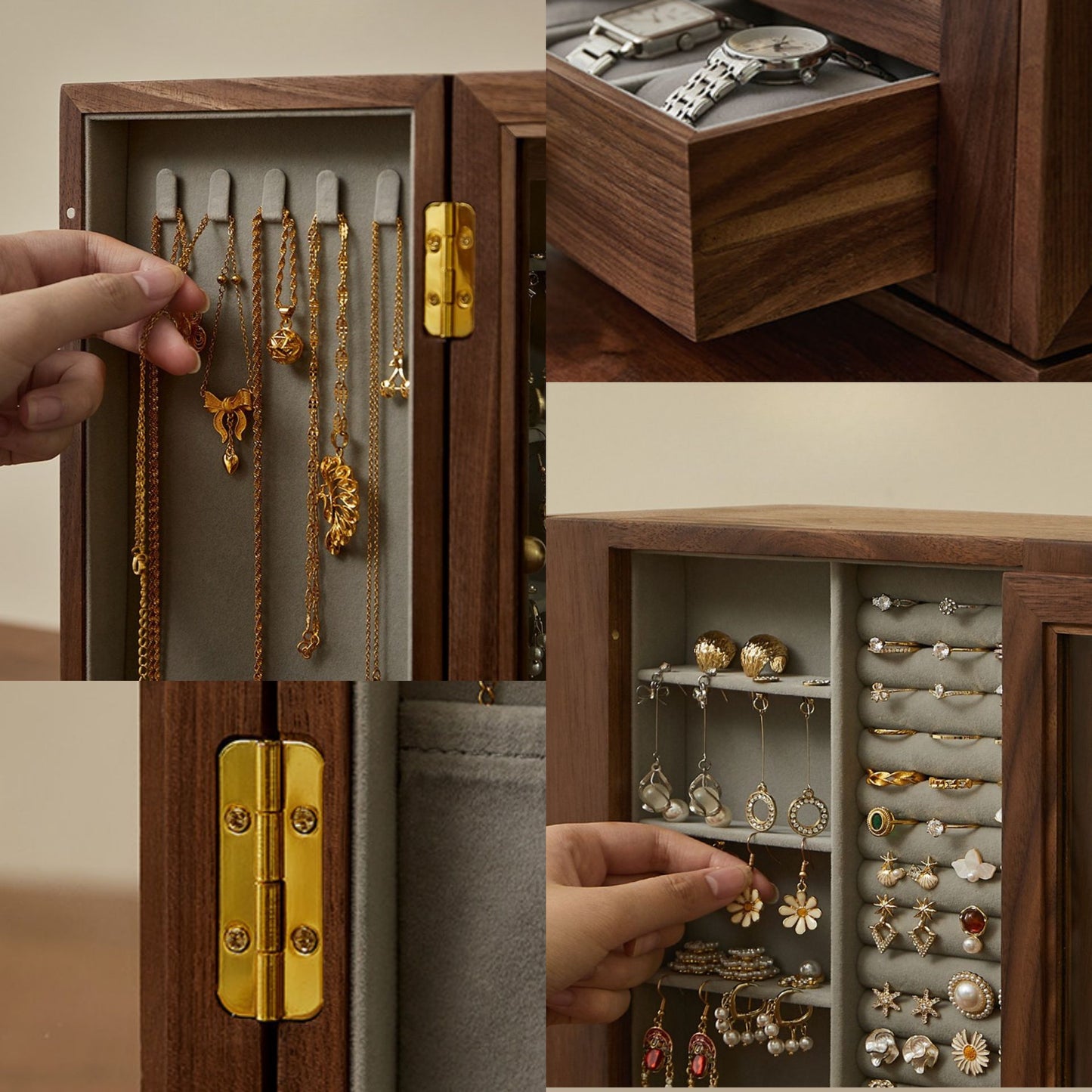 Rotating Wooden Jewelry Box with Drawers and Necklace Hooks SKU 21189