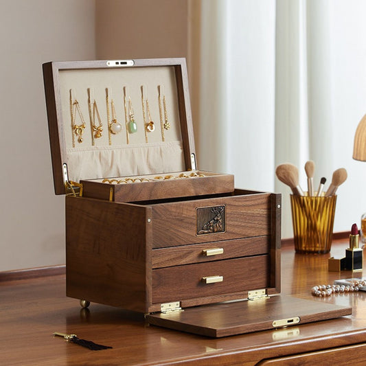 Large Solid Walnut Wood Jewelry Box with Drawers SKU 21138