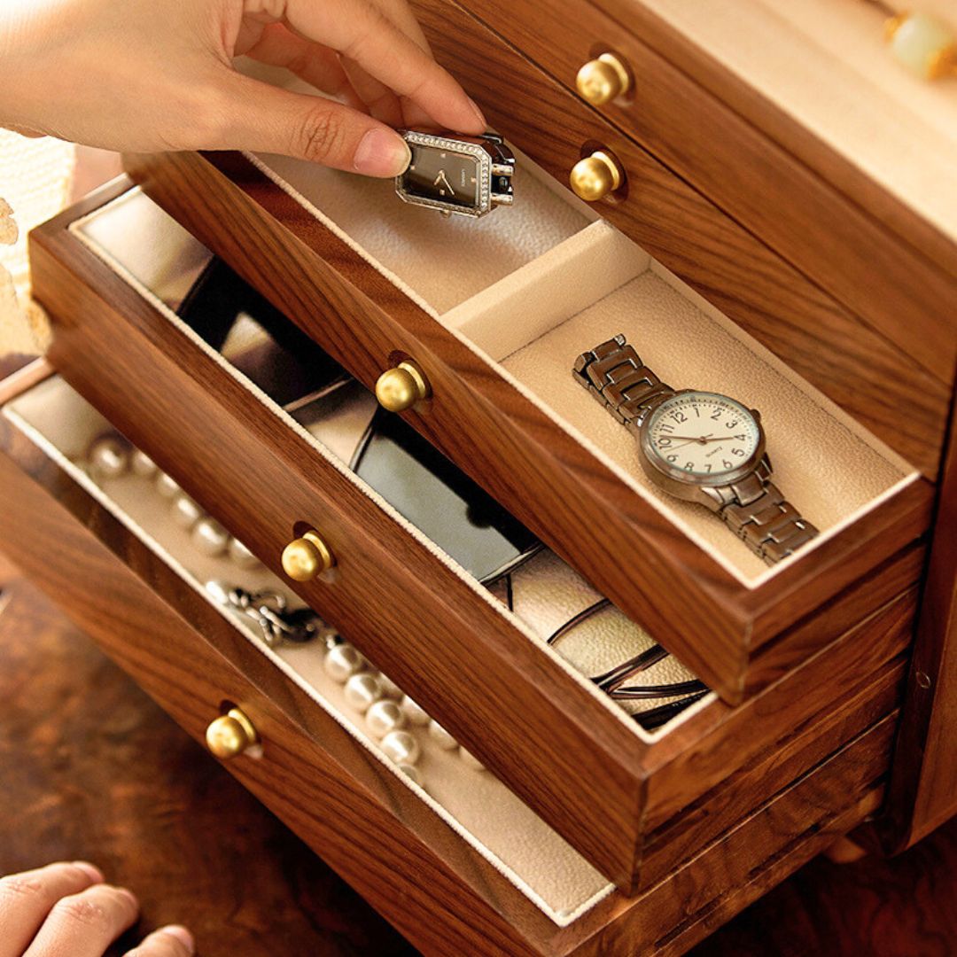 Rotatable Wooden Jewelry Box Organizer with Drawers and Mirror SKU 21167