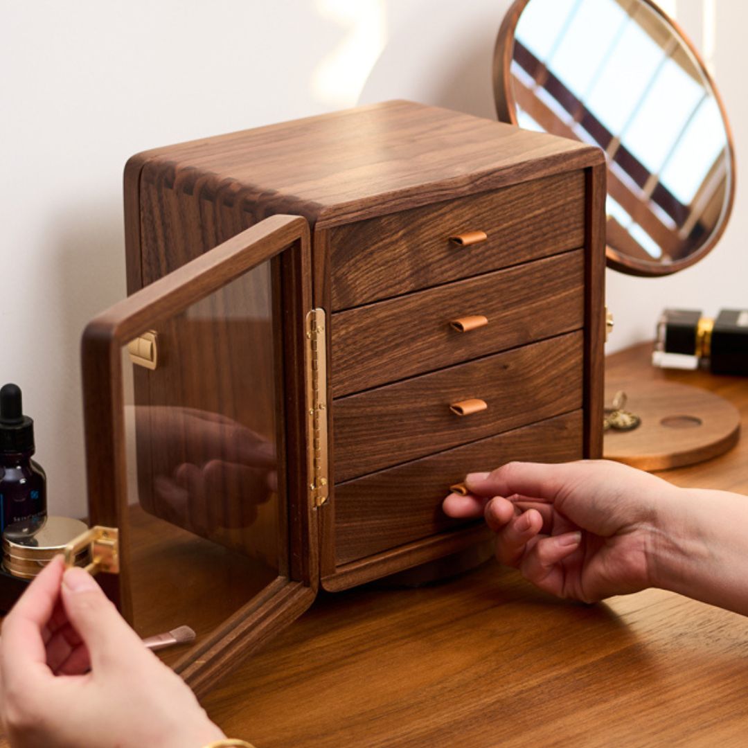 Rotatable Solid Walnut Wood Jewelry Box Organizer SKU 21172