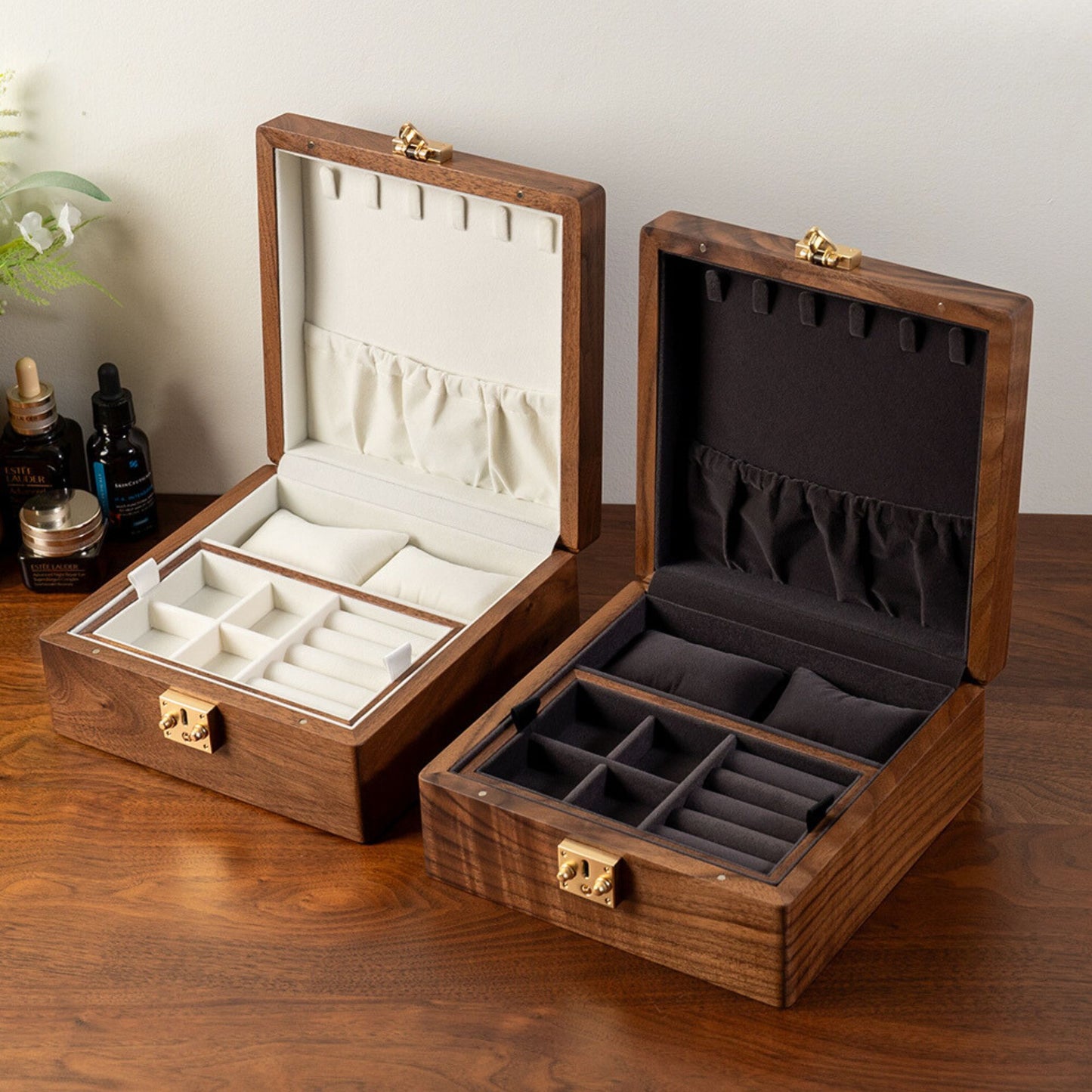 Square Solid Walnut Wood Jewelry Box with Watch Pillows SKU 21124