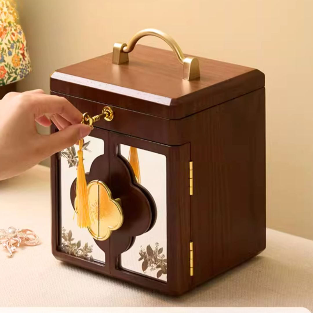 Wooden Jewelry Box Organizer with Mirror and Lock SKU 21160