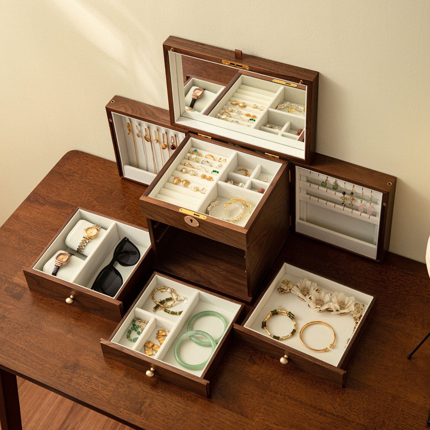 Wooden Jewelry Box with Drawers and Mirror SKU 21142