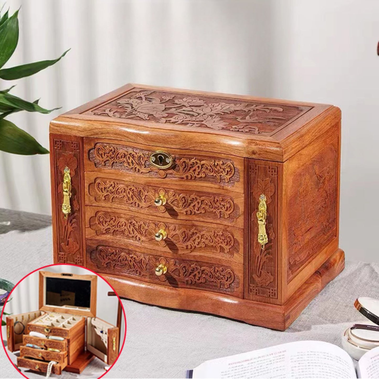 Oriental Wooden Jewelry Box with Relief Carving SKU21144