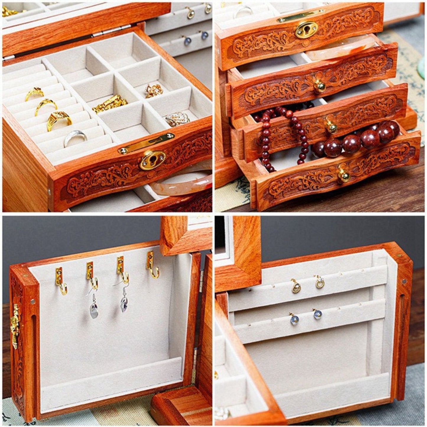 Oriental Wooden Jewelry Box with Relief Carving SKU21144