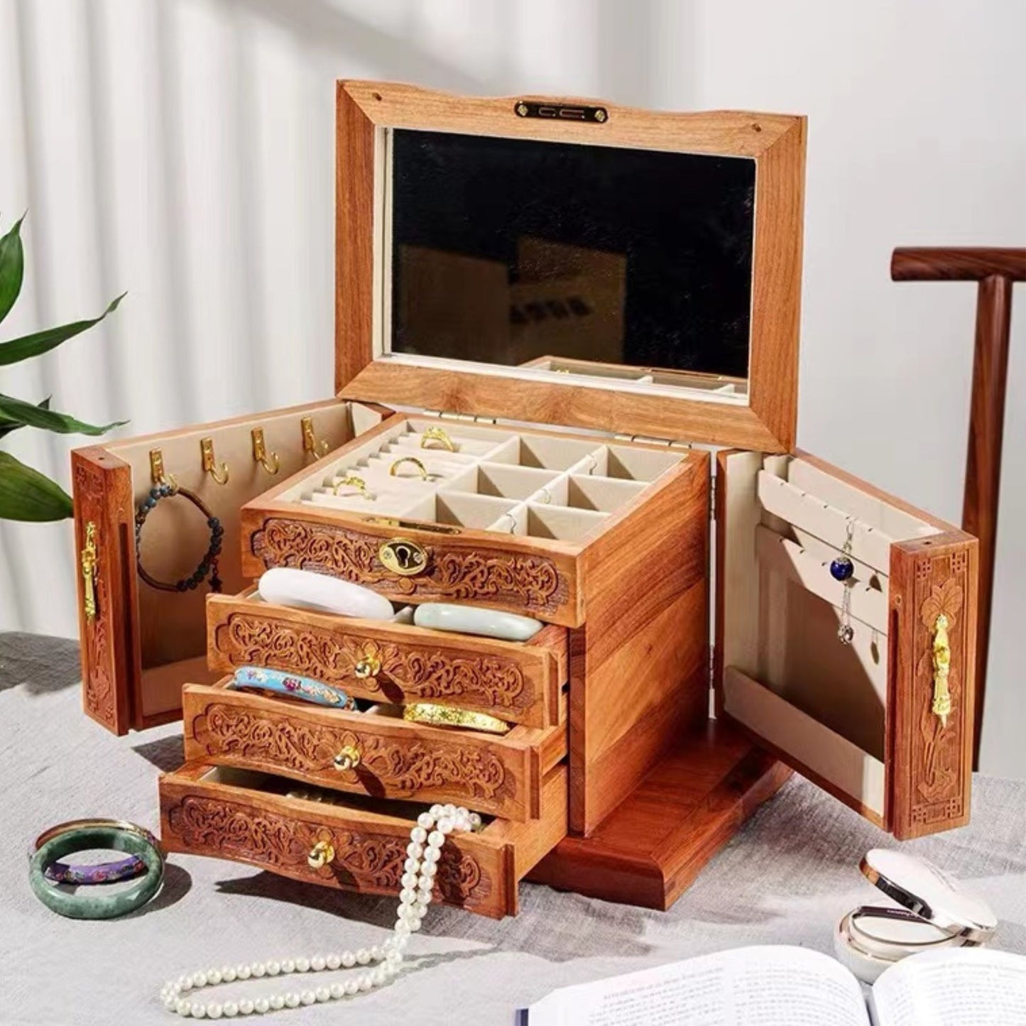 Oriental Wooden Jewelry Box with Relief Carving SKU21144