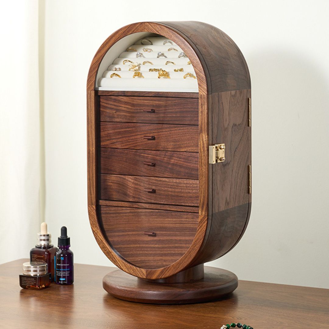 Rotatable Wooden Jewelry Box Organizer with Drawers and Mirror SKU 21165