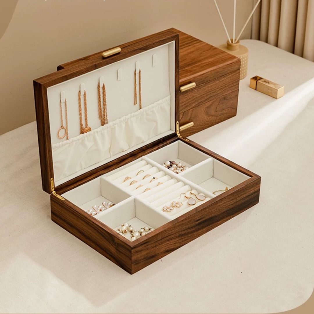 Solid Walnut Wood Jewelry Box Organizer with Necklace Holder SKU 21076
