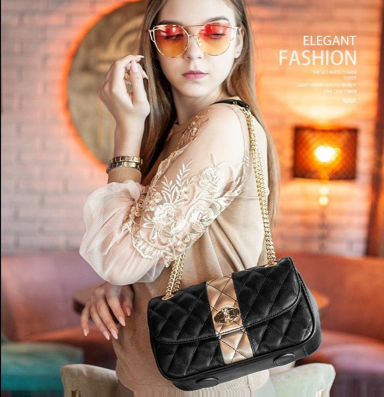 Leather Black and Golden Shoulder Bag