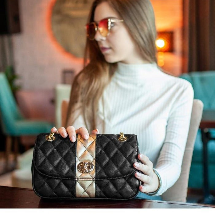 Leather Black and Golden Shoulder Bag