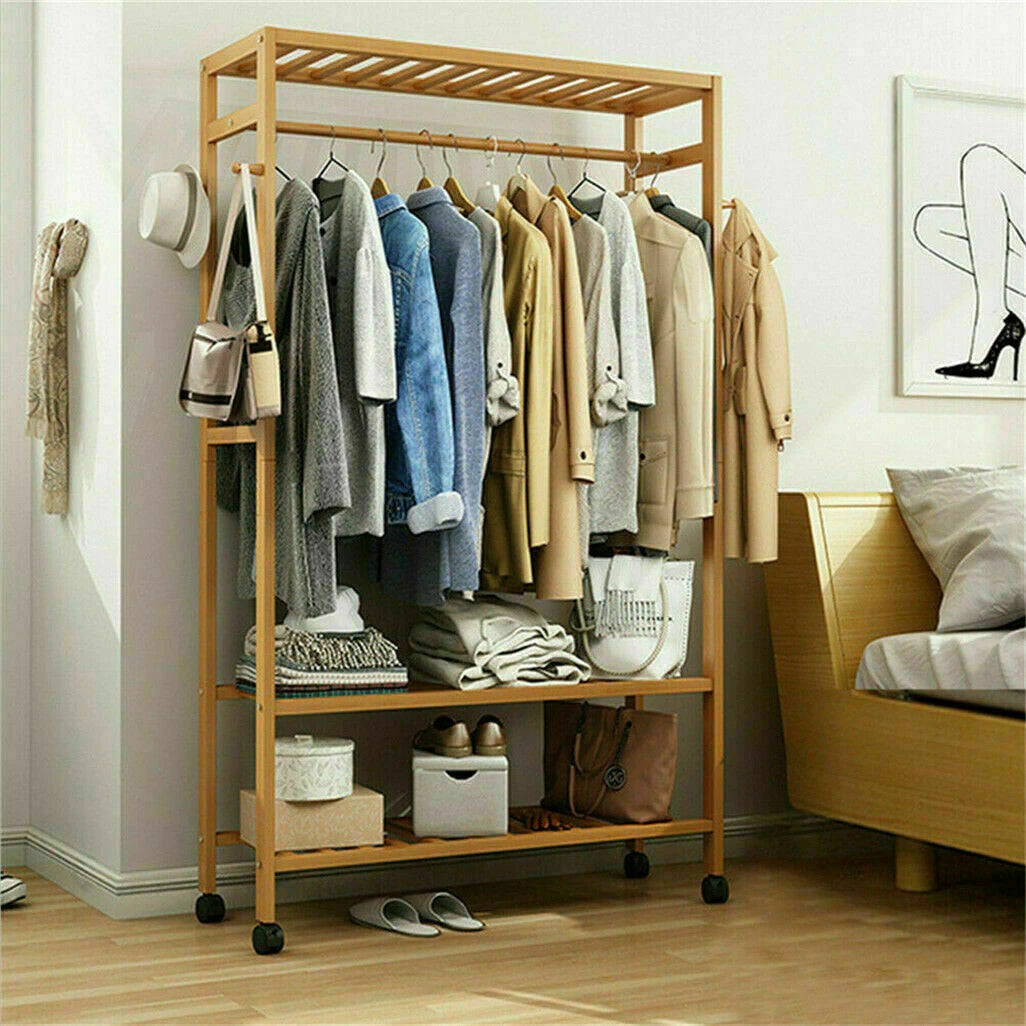 Bamboo Standing Clothing Rack with Shelves SKU 35022