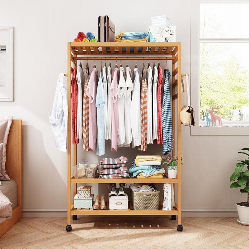Bamboo Standing Clothing Rack with Shelves SKU 35022