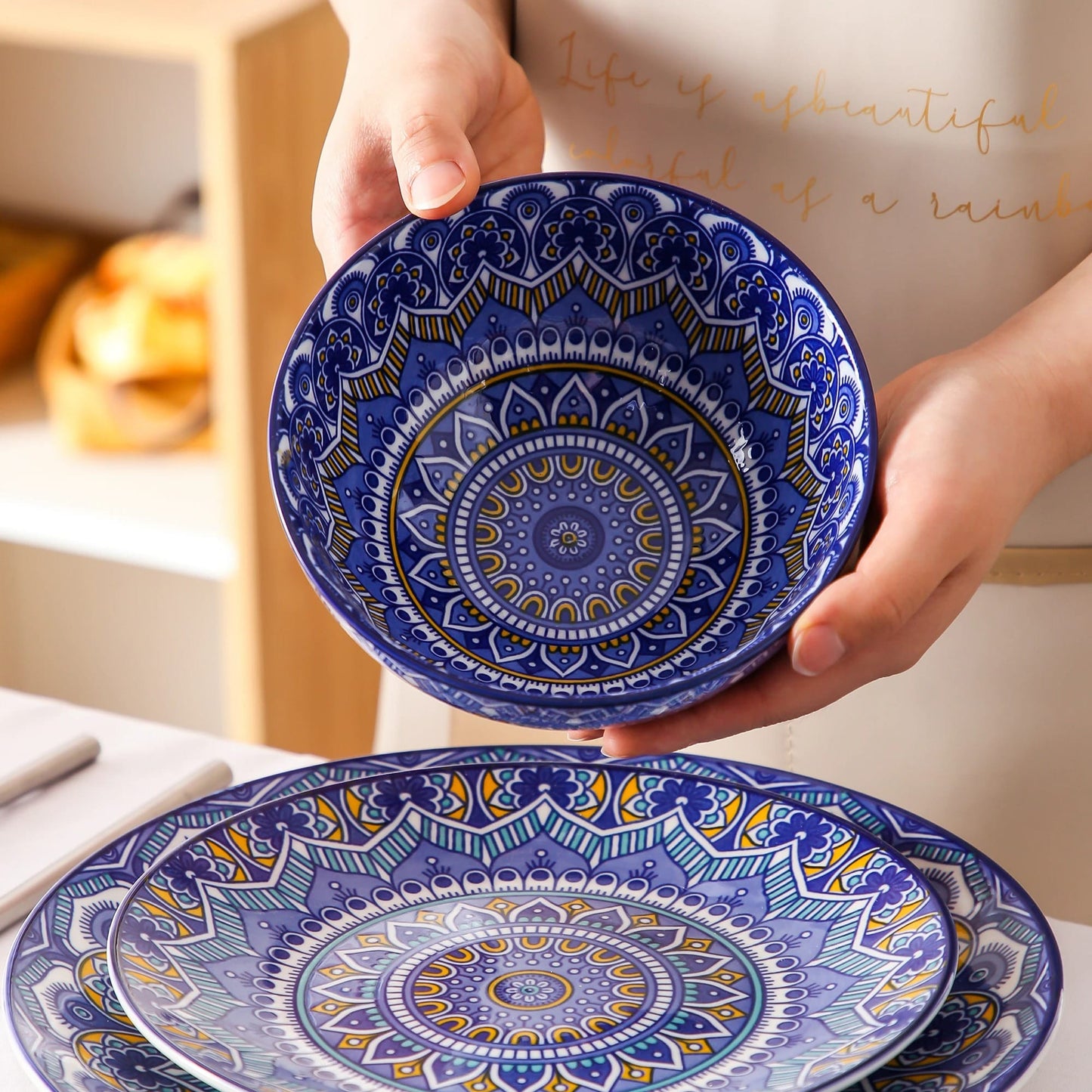 Blue Mandala Stoneware Ceramic Dinnerware Set for 4 8 12 SKU 70025