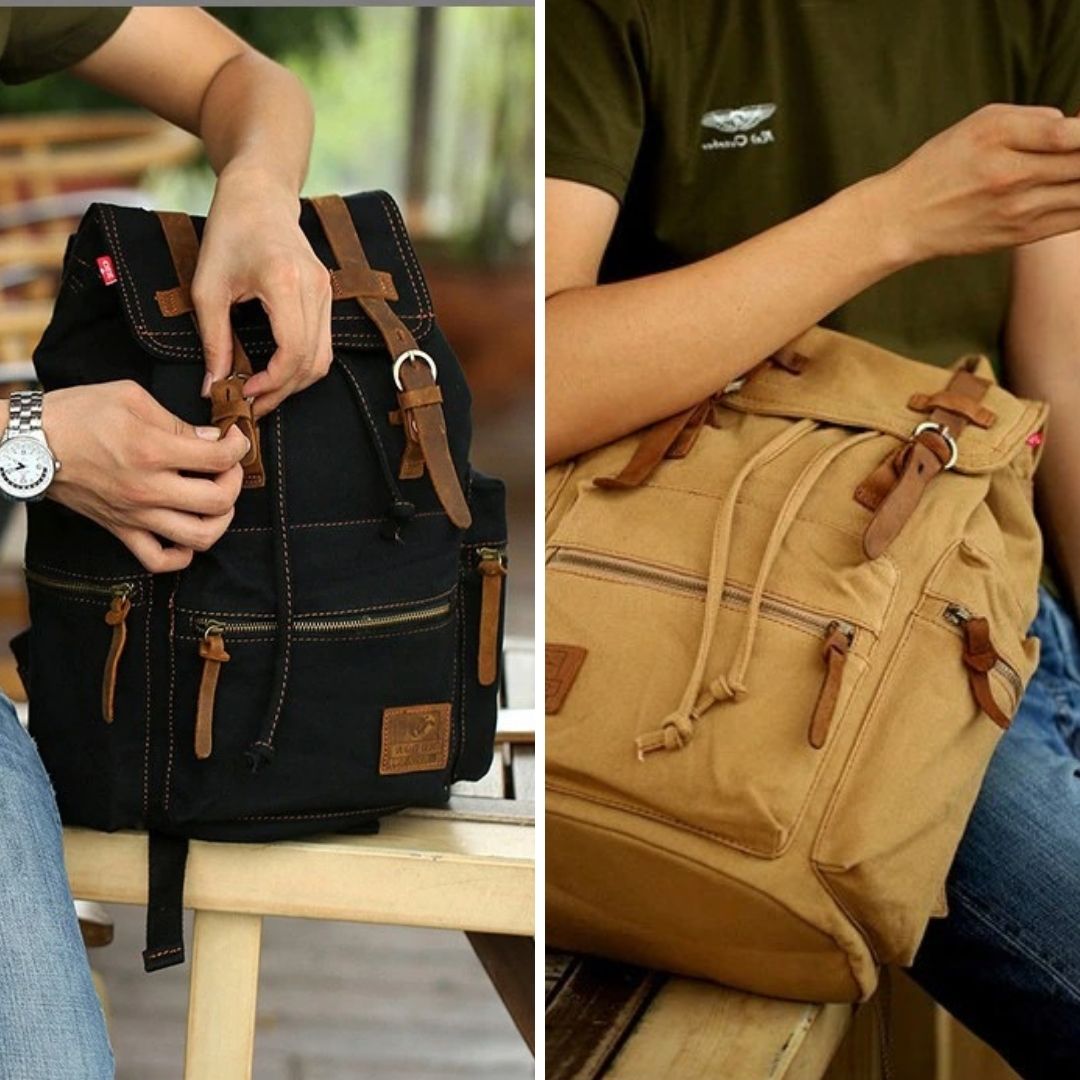 Canvas Travel Laptop Backpack with Zipper and Drawstring 82032