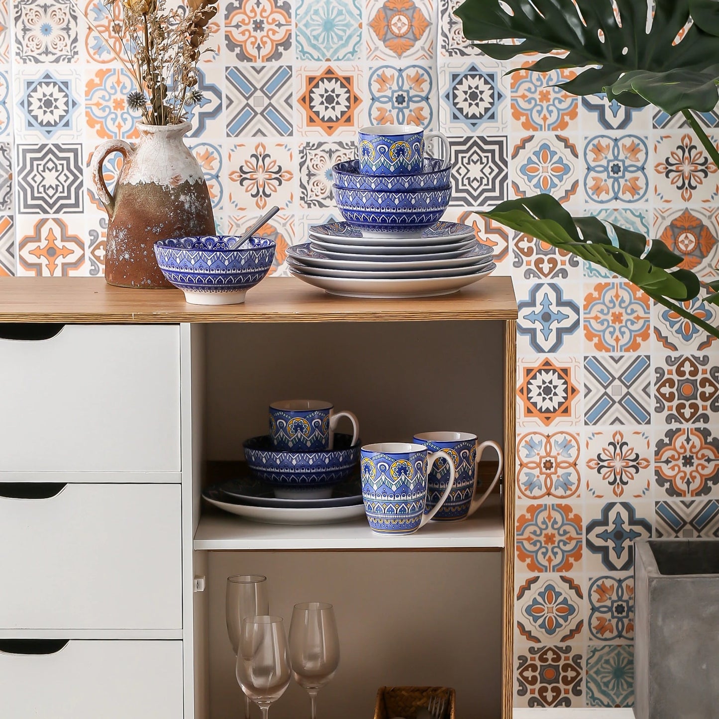 Blue Mandala Stoneware Ceramic Dinnerware Set for 4 8 12 SKU 70025