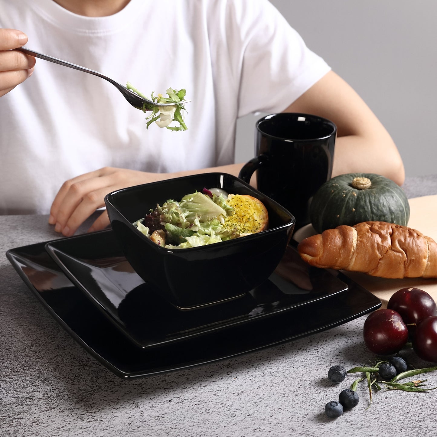 Black Stoneware Ceramic Dinnerware Set for 4 8 SKU 70022