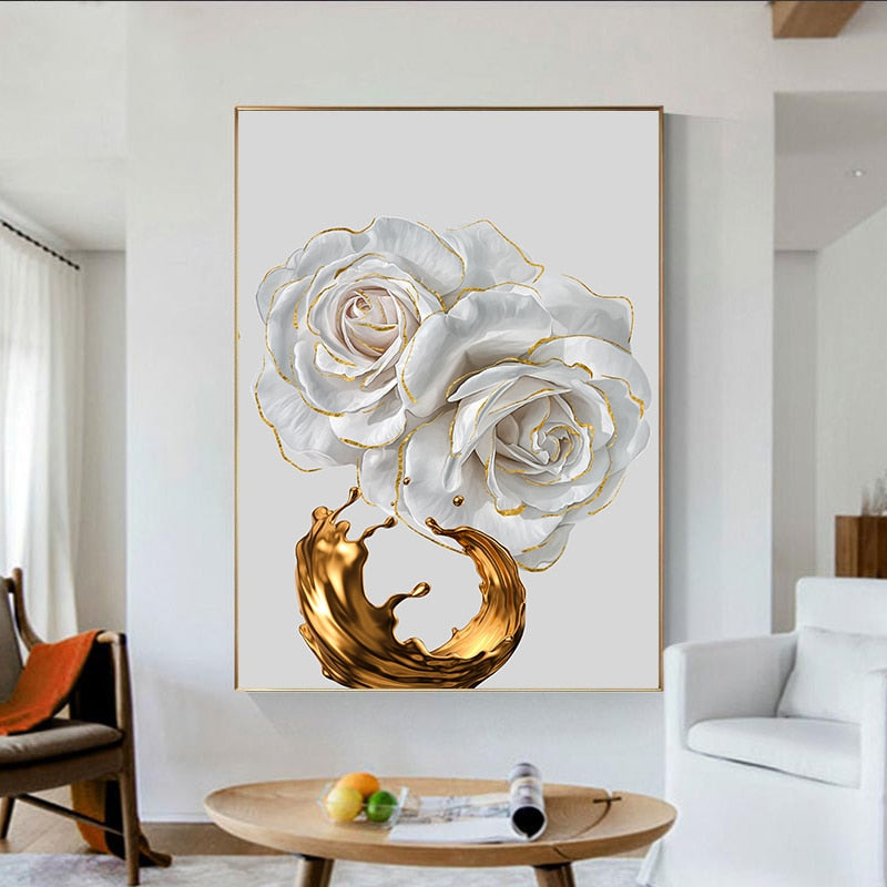 White Rose and Golden Wine Art Print on Canvas