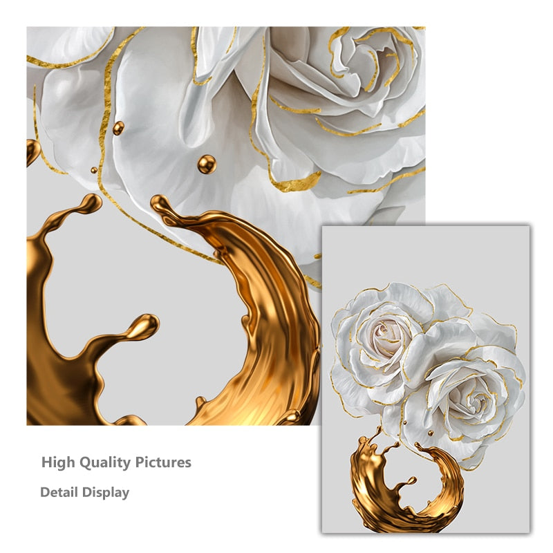 White Rose and Golden Wine Art Print on Canvas