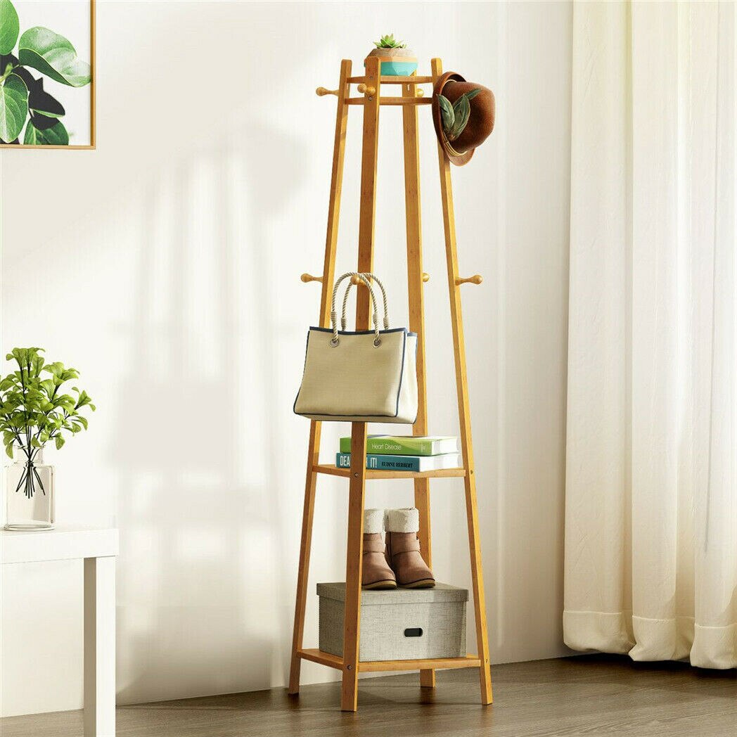 Bamboo Standing Clothing Rack with Shelves SKU 35019