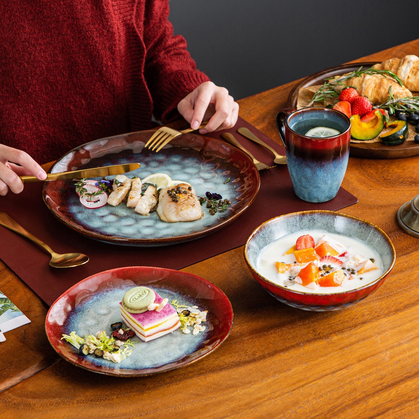 Red Stoneware Ceramic Dinnerware Set for 4 8 12 SKU 70018