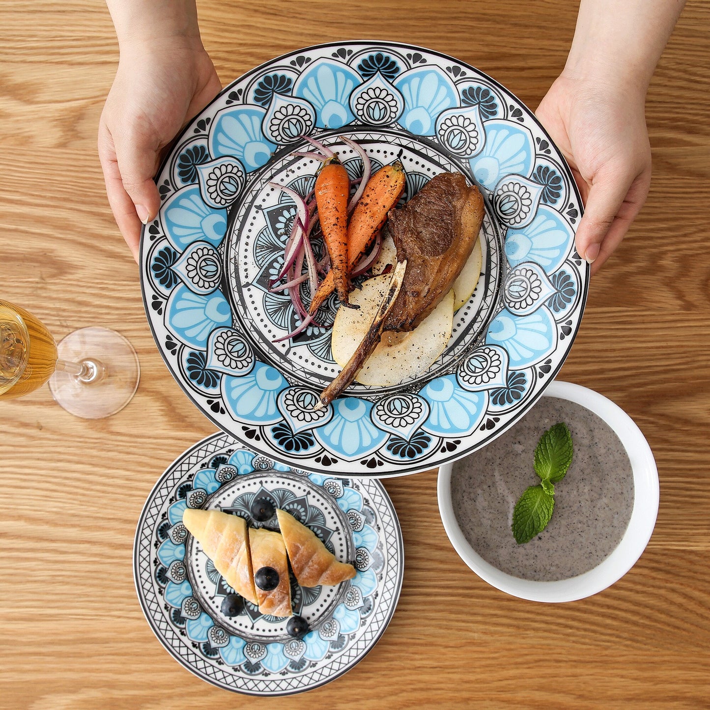 Blue Stoneware Ceramic Dinnerware Set for 6 SKU 70104