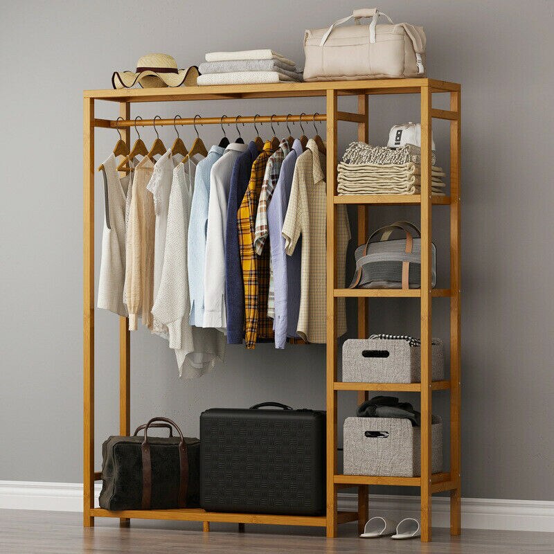 Bamboo Standing Clothing Rack with Shelves SKU 35016