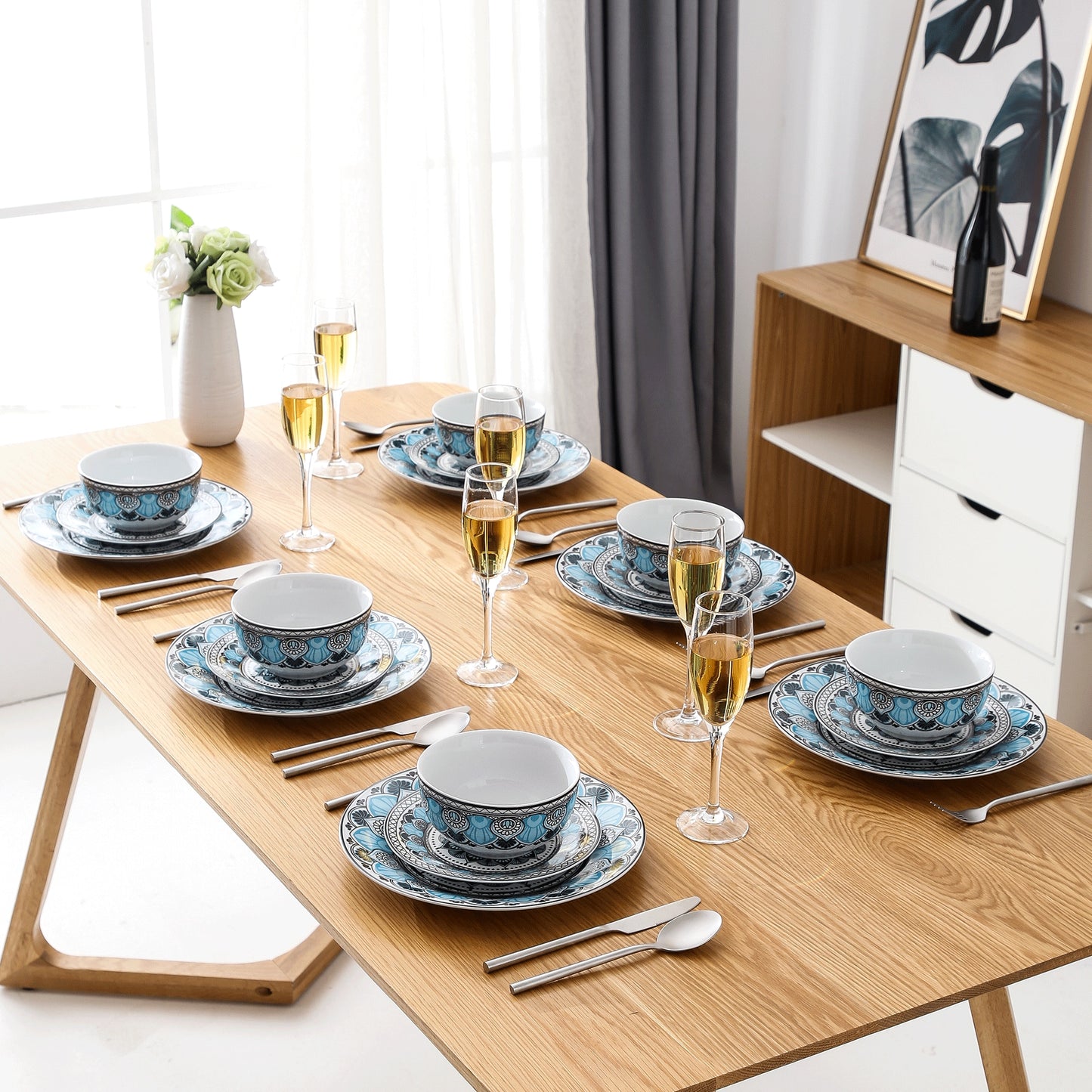 Blue Stoneware Ceramic Dinnerware Set for 6 SKU 70104