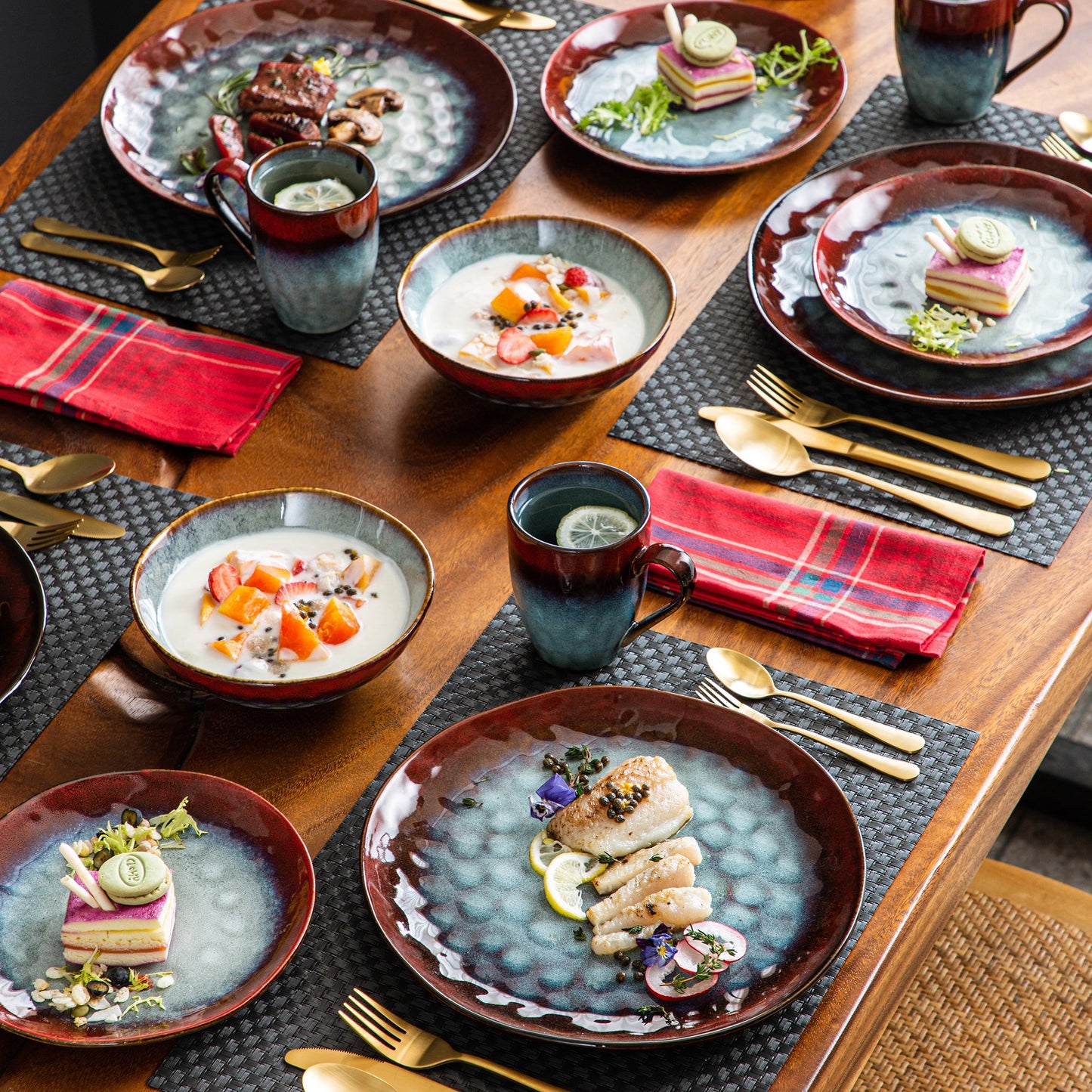 Red Stoneware Ceramic Dinnerware Set for 4 8 12 SKU 70018