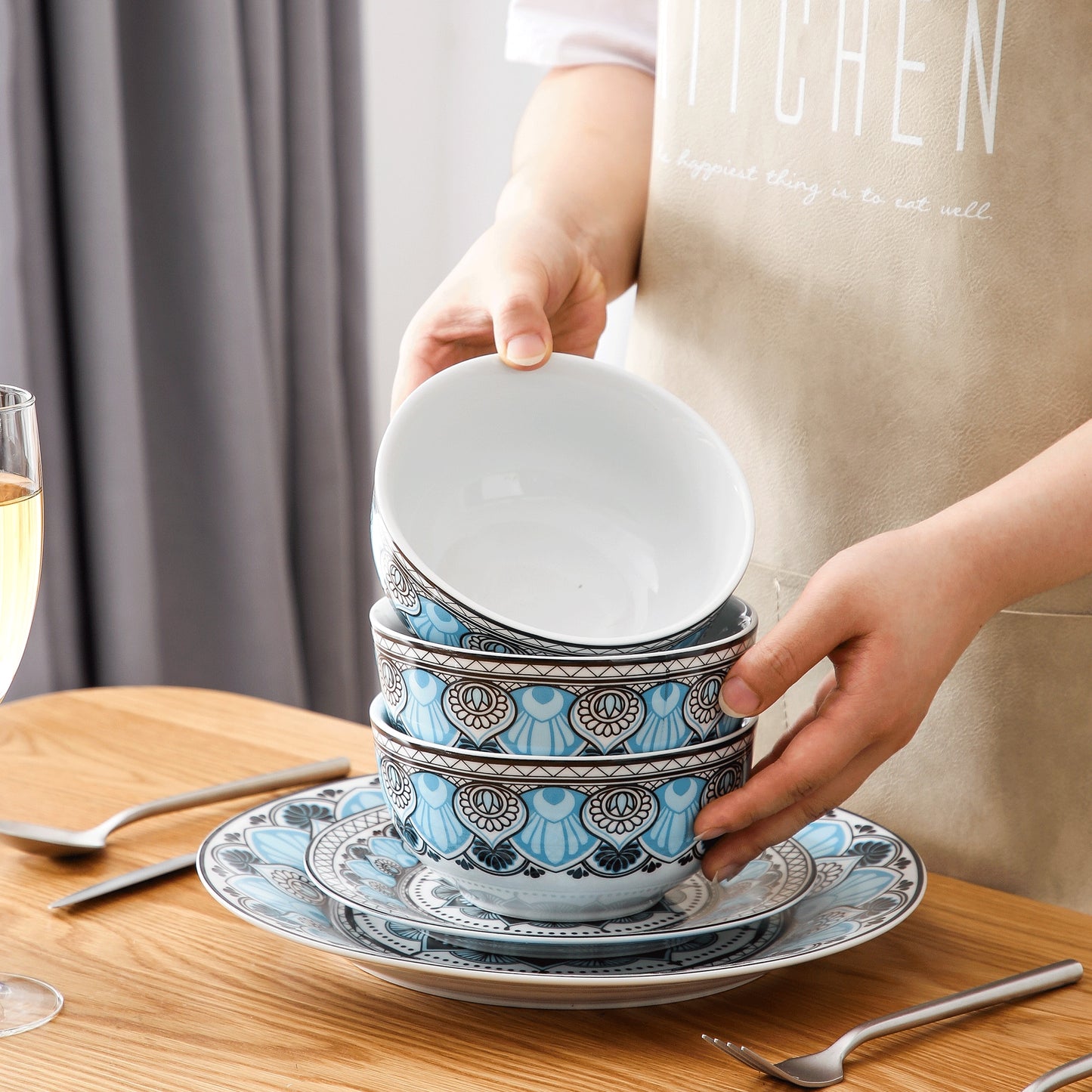 Blue Stoneware Ceramic Dinnerware Set for 6 SKU 70104