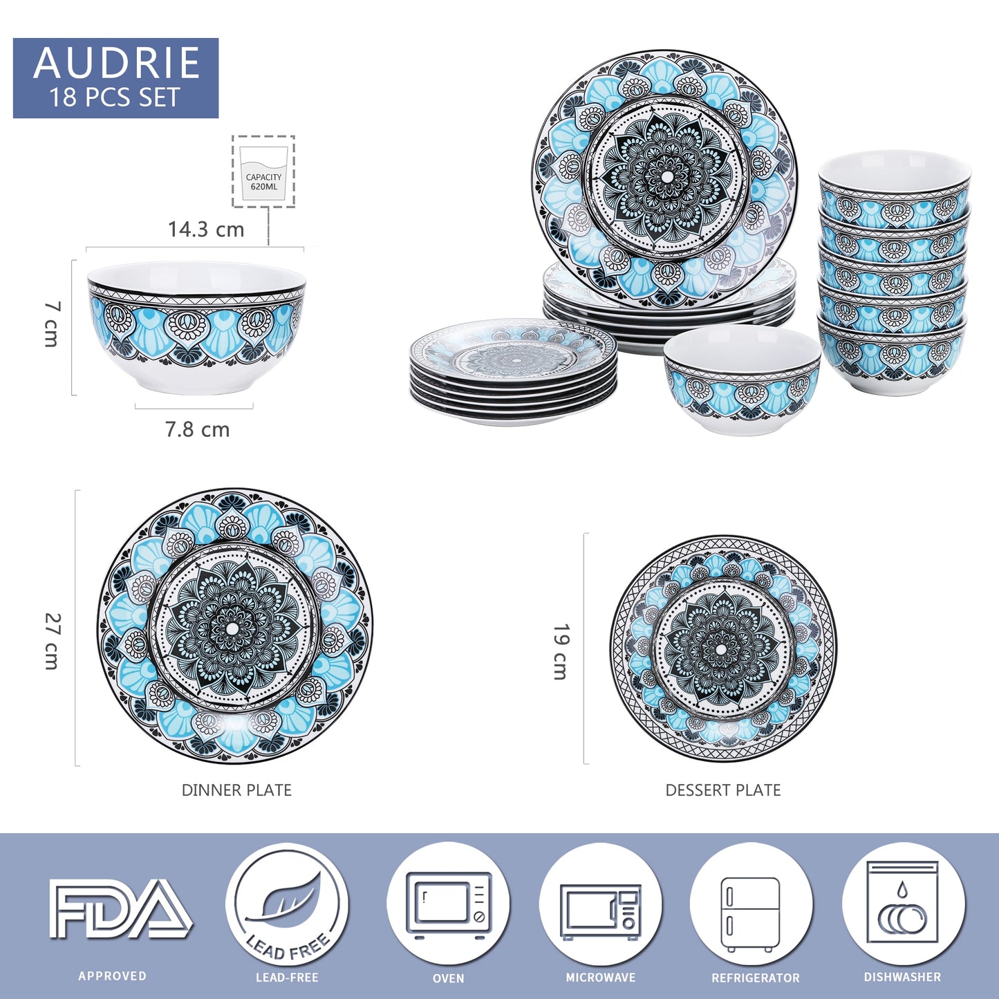 Blue Stoneware Ceramic Dinnerware Set for 6 SKU 70104