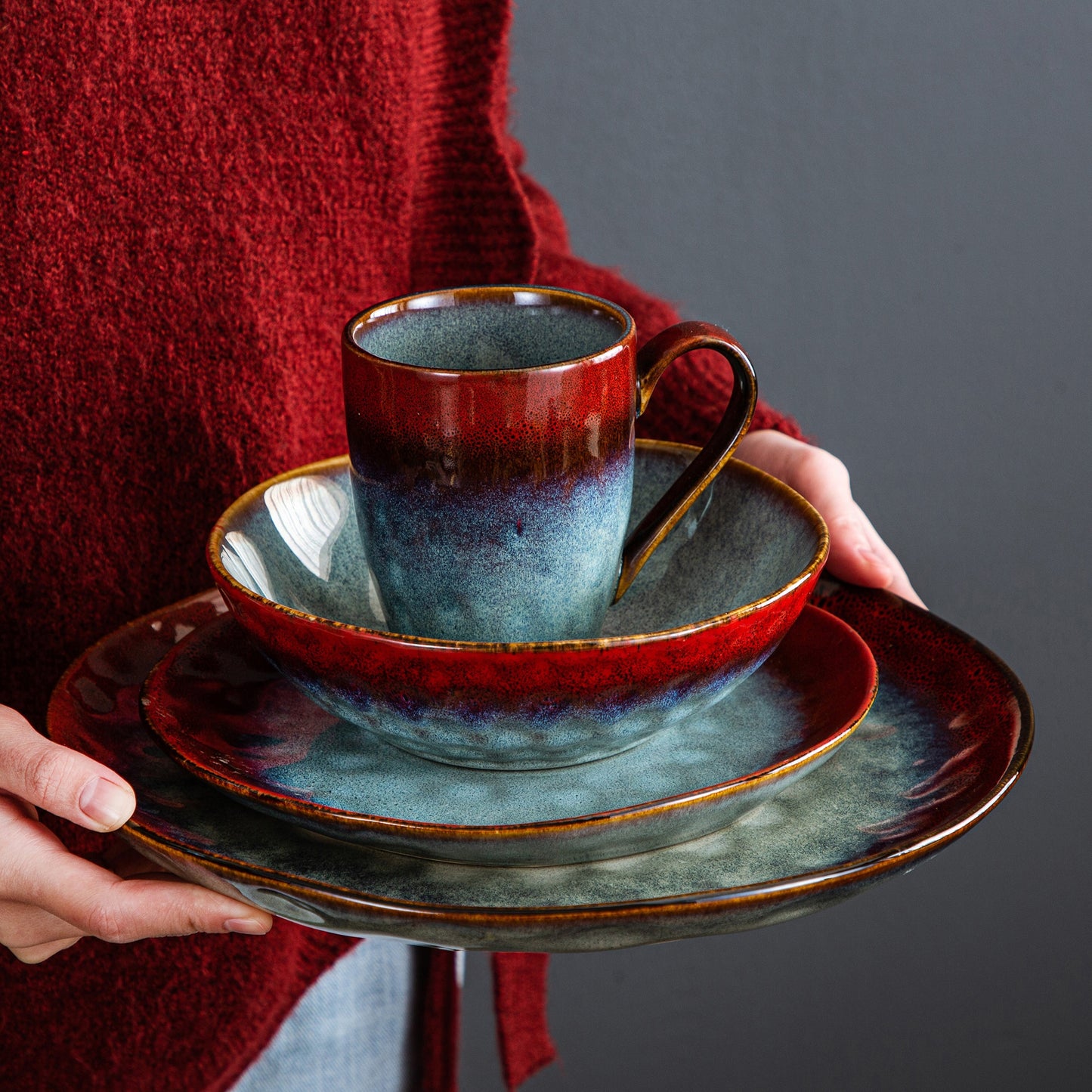 Red Stoneware Ceramic Dinnerware Set for 4 8 12 SKU 70018