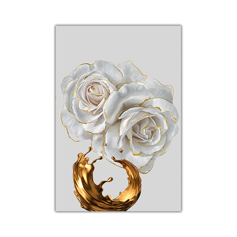 White Rose and Golden Wine Art Print on Canvas