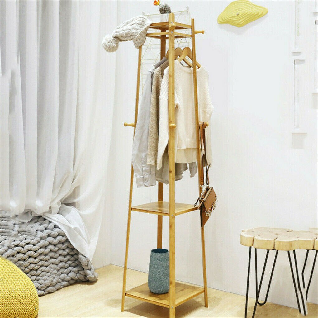 Bamboo Standing Clothing Rack with Shelves SKU 35019