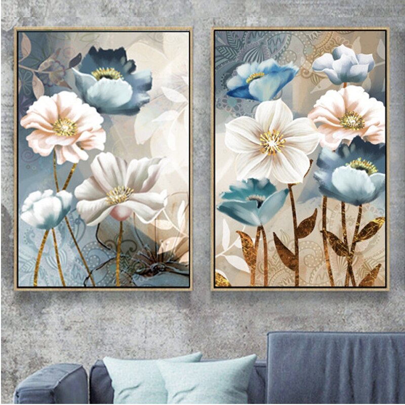 Blue and White Flowers Art Print on Canvas