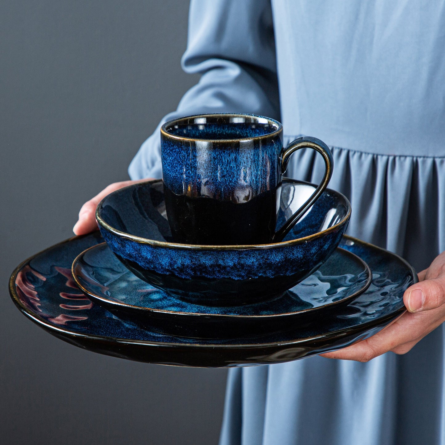 Blue Stoneware Ceramic Dinnerware Set for 4 8 12 SKU 70016