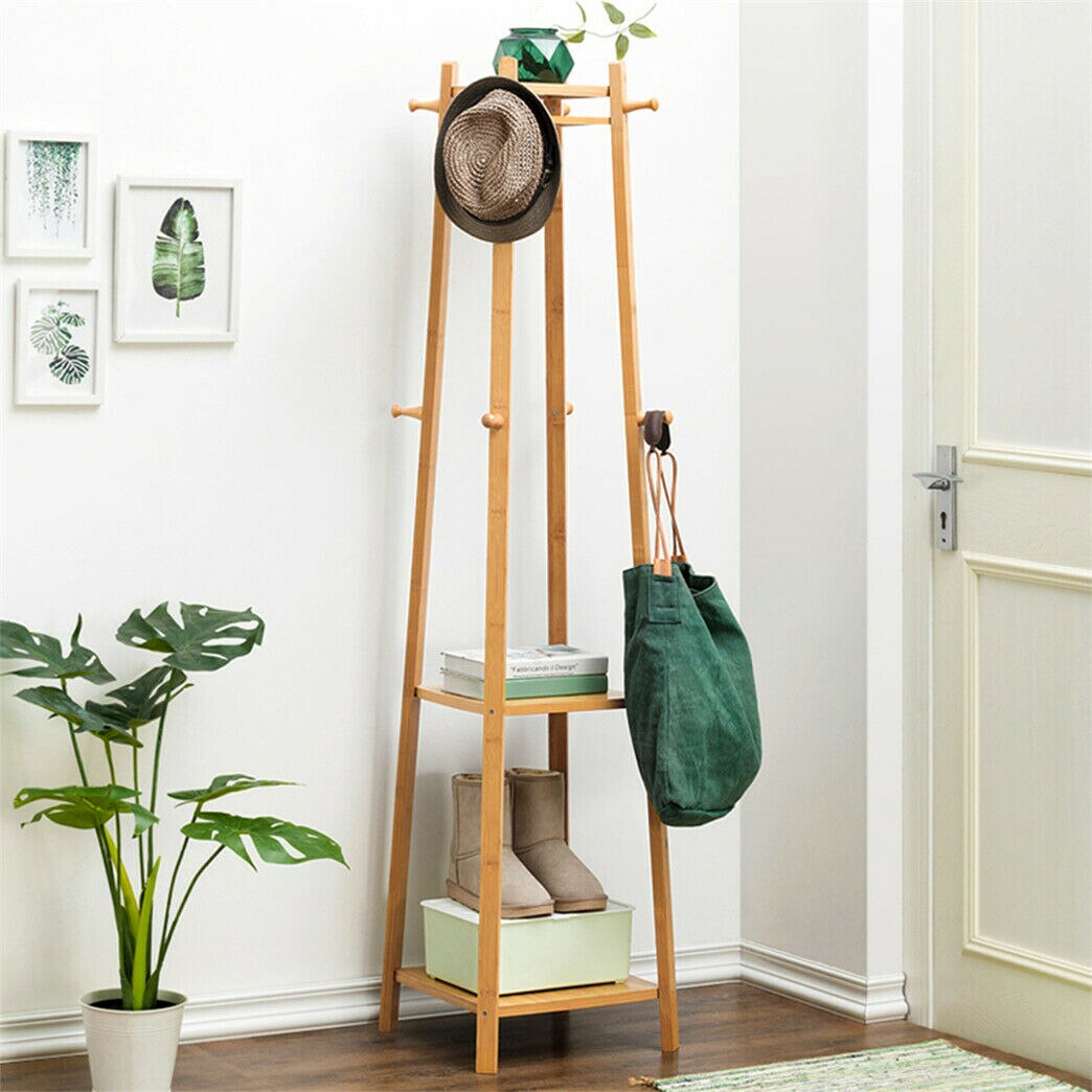Bamboo Standing Clothing Rack with Shelves SKU 35019