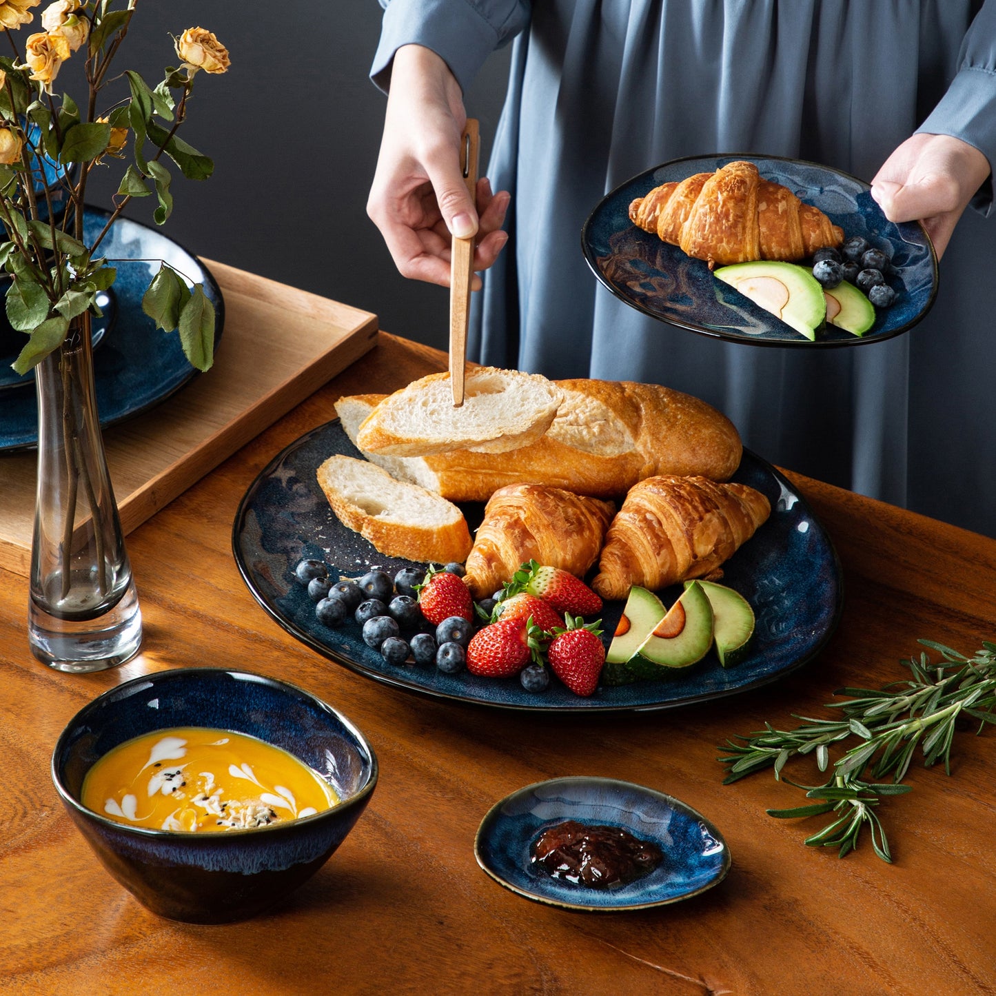 Blue Stoneware Ceramic Dinnerware Set 11 22 33 PC SKU 70019