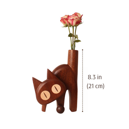 Cat-Shaped Solid Wood Flower Vase SKU 10036
