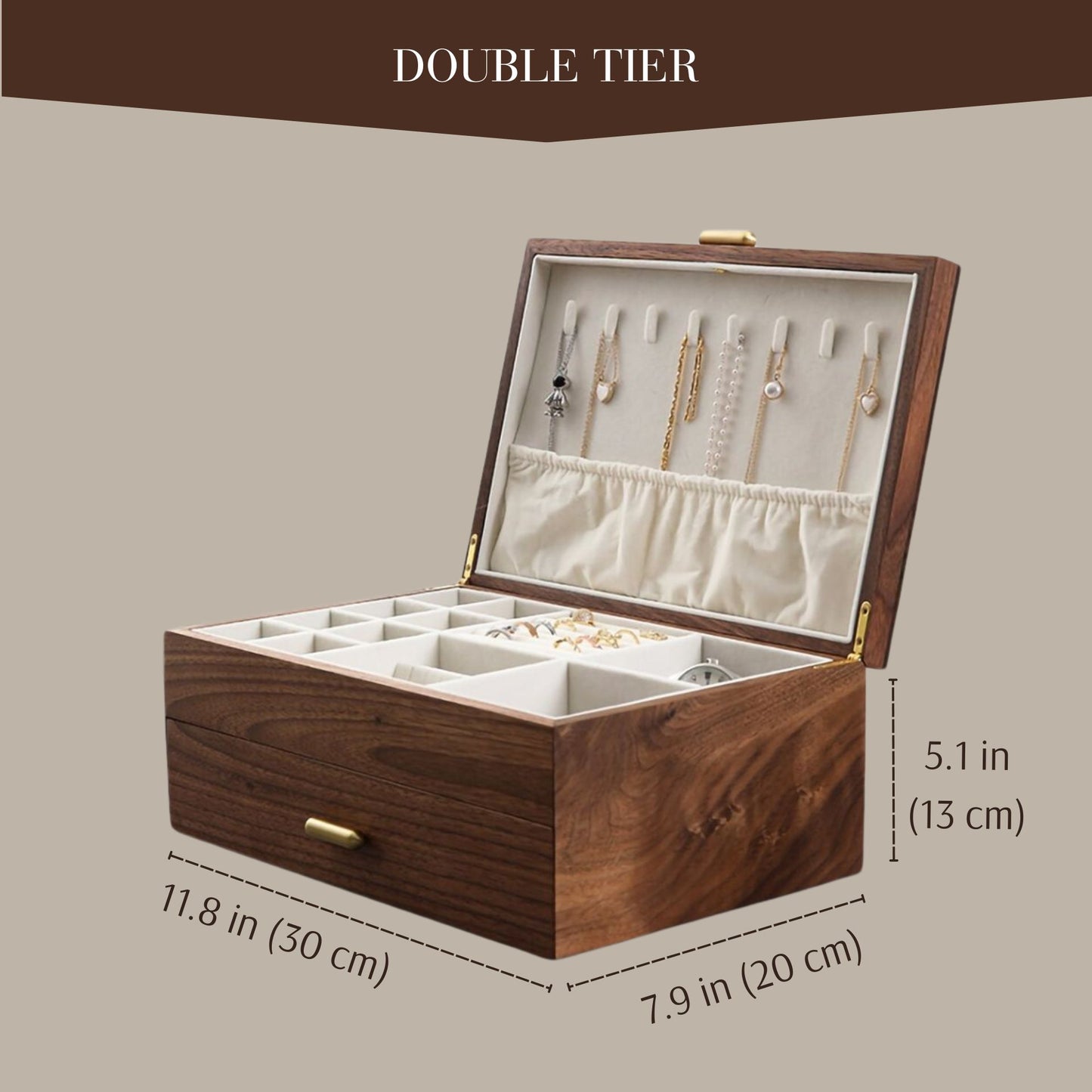 Solid Walnut Wood Jewelry Box Organizer with Necklace Holder SKU 21076