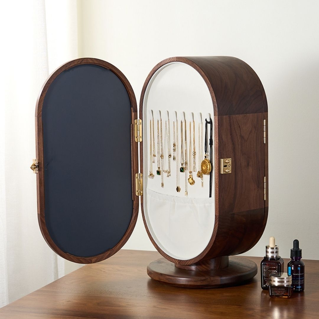 Rotatable Wooden Jewelry Box Organizer with Drawers and Mirror SKU 21165