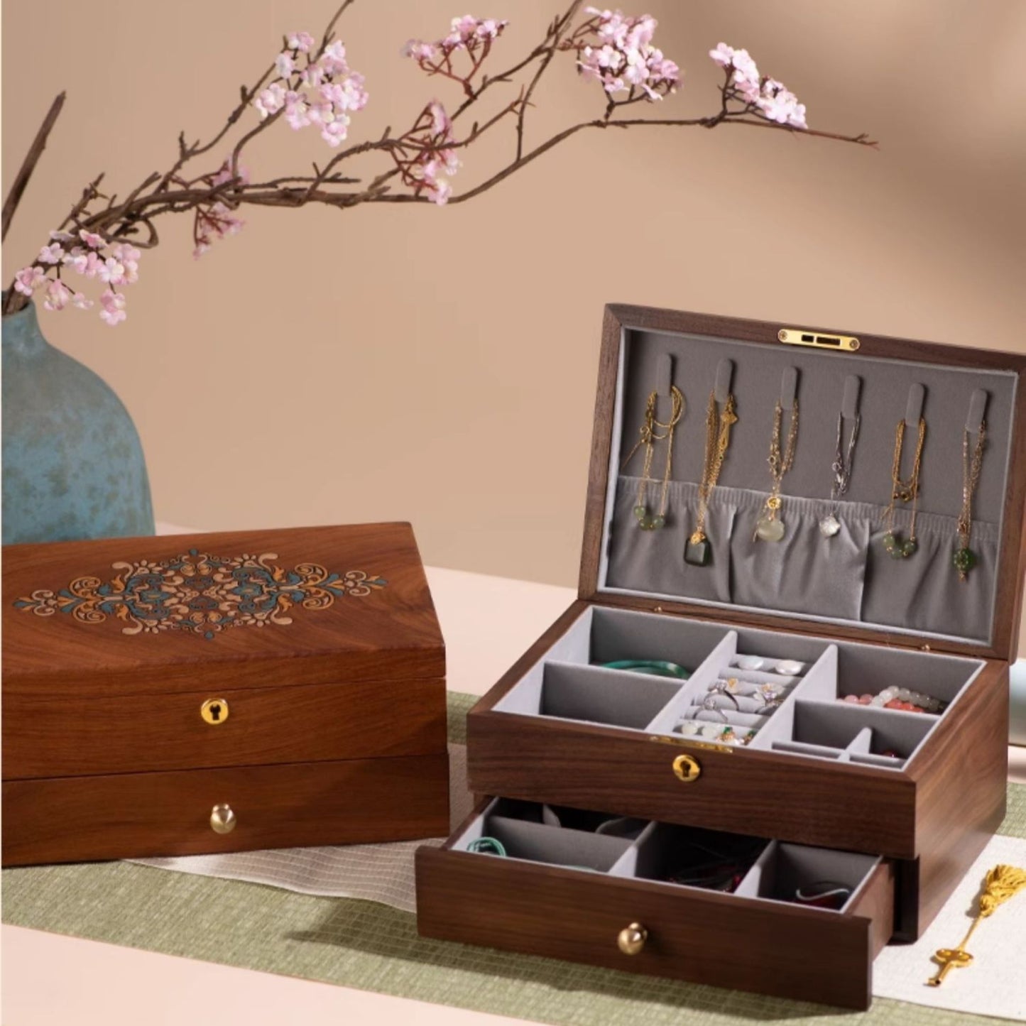 Solid Wood Jewelry Box with Hand-painted Danqing SKU 21118