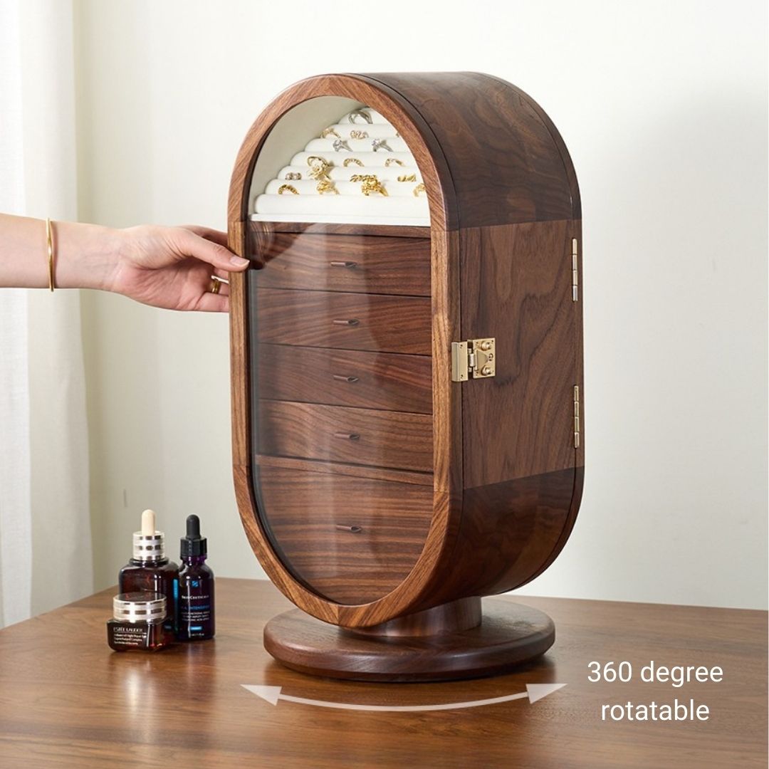 Rotatable Wooden Jewelry Box Organizer with Drawers and Mirror SKU 21165