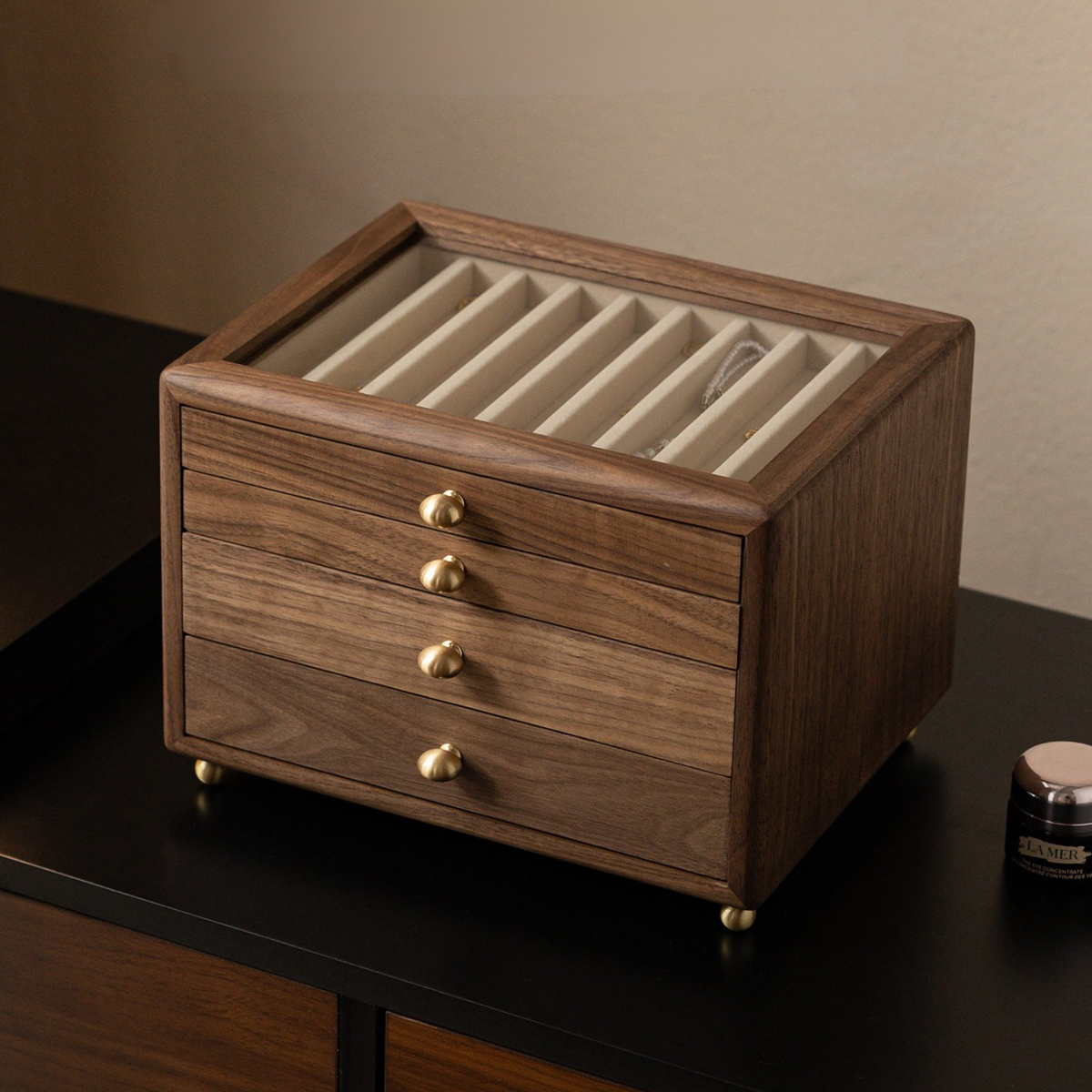 Solid Walnut Jewelry Box with Drawers and Glass Lid SKU 21200