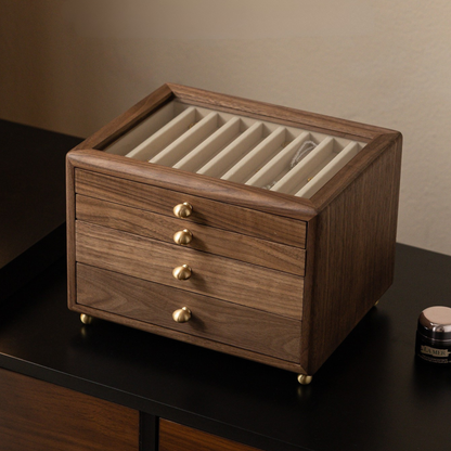 Solid Walnut Jewelry Box with Drawers and Glass Lid SKU 21200
