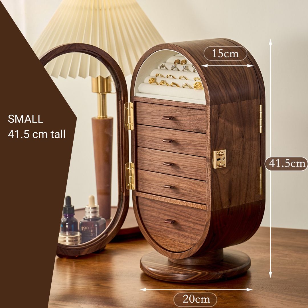 Rotatable Wooden Jewelry Box Organizer with Drawers and Mirror SKU 21165