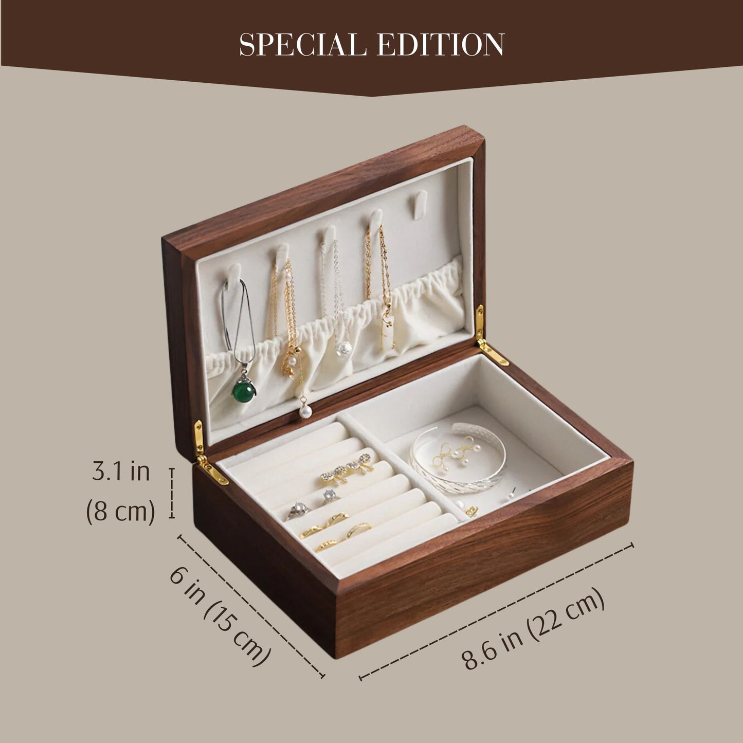 Solid Walnut Wood Jewelry Box Organizer with Necklace Holder SKU 21076