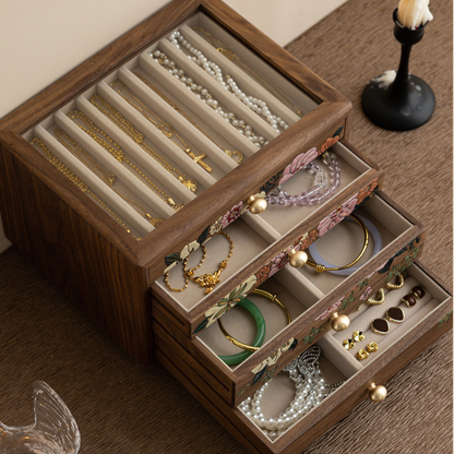 Solid Walnut Jewelry Box with Drawers and Glass Lid SKU 21200